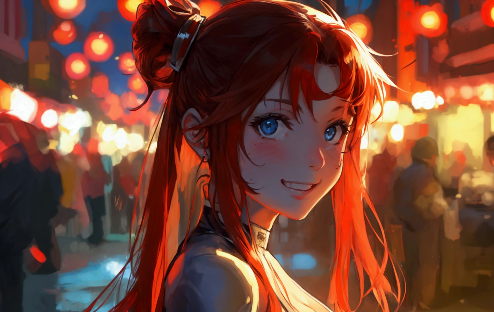 ((streetfigher)), looking the viewer, solo, girl, shy, red cheek, bashful, ((big breasts)), ((big boobs)), long hair, embarrassed, smiling, happy, perfect face, beautiful eye, upper body, (at midnight),
