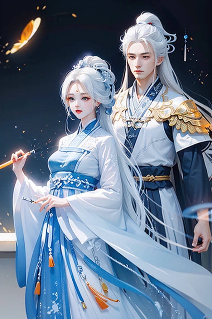 high quality , one white hair girl and one white hair boy, long hair, wuxia character, ((white clothes with blue and orange accent)), ink painting background, flat background, minimalist background, wind pattern background, smiling, standing back to back, white background, cinematic lingting, open mouth, bust shot