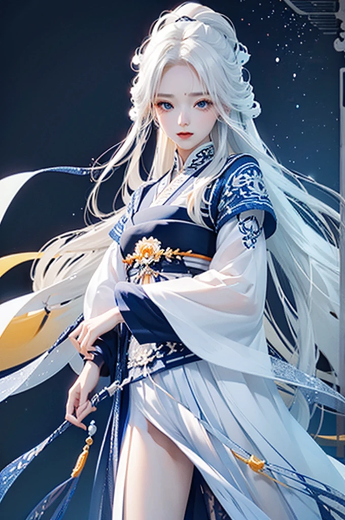 high quality , one white hair girl and one white hair boy, long hair, wuxia character, ((white clothes with blue and orange accent)), ink painting background, flat background, minimalist background, wind pattern background, smiling, standing back to back, white background, cinematic lingting, open mouth, bust shot