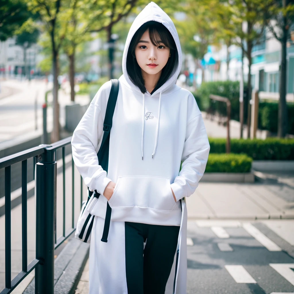 arafed woman in a white hoodie standing on a sidewalk, girl wearing hoodie, black haired girl wearing hoodie, wearing hoodie, korean girl, korean women's fashion model, beautiful south korean woman, wearing a hoodie, she is wearing streetwear, xintong chen, gorgeous young korean woman, korean woman, 8k artgerm bokeh, in a hoodie