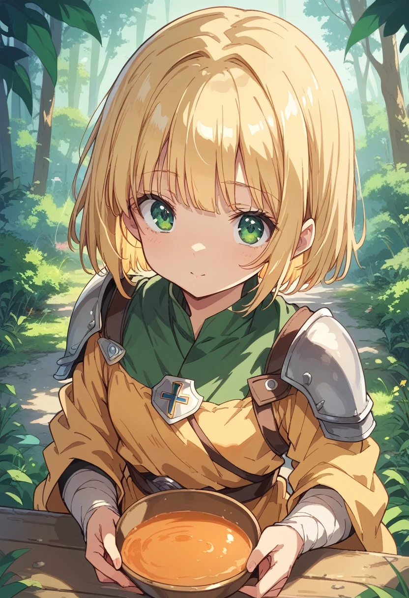 BREAK Perfect Anatomy、(High resolution:1.2)、Incredible illustrations、(Cute illustrations:1.2)、 (Beautiful background(deep in the forest)) 1 girl(Blonde, bowl cut, green eyes)(Large poncho, shield shoulder strap with cross, light armor, buster sword)