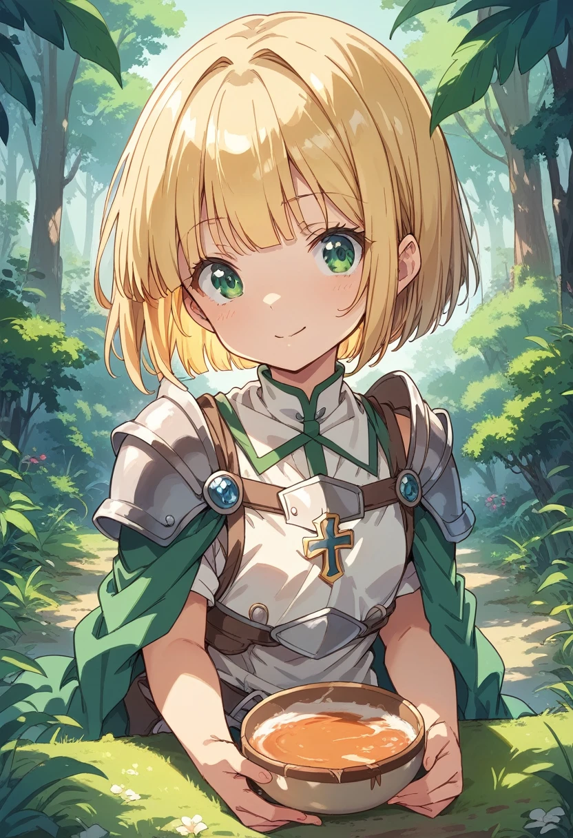 BREAK Perfect Anatomy、(High resolution:1.2)、Incredible illustrations、(Cute illustrations:1.2)、 (Beautiful background(deep in the forest)) 1 girl(Blonde, bowl cut, green eyes)(Large poncho, shield shoulder strap with cross, light armor, buster sword)