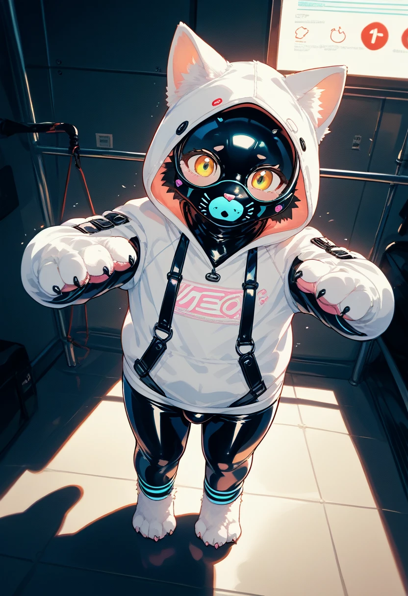 Highest quality, Highest quality, High quality illustrations, masterpiece, Ultra-high resolution, Detailed Background, Games Room, Absurd, Perfect Anatomy, performance, Good lighting, Shadows in the movies(kemono, Furry PersonifiCation), Cat, Dark Skin, Rubber suit, Rubber suit, latex, neon, neonライト, neonカラー, Rubber spats, White rubber hoodie,  Rubber mask, ribbon, Embarrassing, Null bulge, male, juvenile, From above