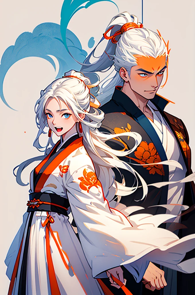 high quality , one white hair girl and one white hair boy, long hair, wuxia character, ((white clothes with blue and orange accent)), ink painting background, flat background, minimalist background, wind pattern background, smiling, standing back to back, white background, cinematic lingting, open mouth, bust shot