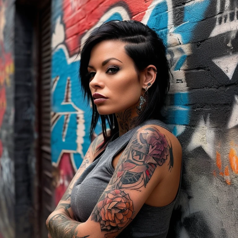 (masterpiece, best quality:1.2), Generate a mesmerizing AI artwork featuring Laurence Bedard in a sultry setting that accentuates her radiant beauty and showcases her captivating tattoos. Imagine her standing confidently against a graffiti-covered wall, her sleeveless top revealing intricate tattoos snaking up her arms. With a confident gaze into the camera, her piercing eyes capture attention, drawing the viewer into her world. The image should exude an aura of allure and mystery, with each tattoo telling a story of her journey and personality. Ensure the artwork is of top quality, with realistic details and dynamic lighting that enhance Laurence's unique style and magnetic presence