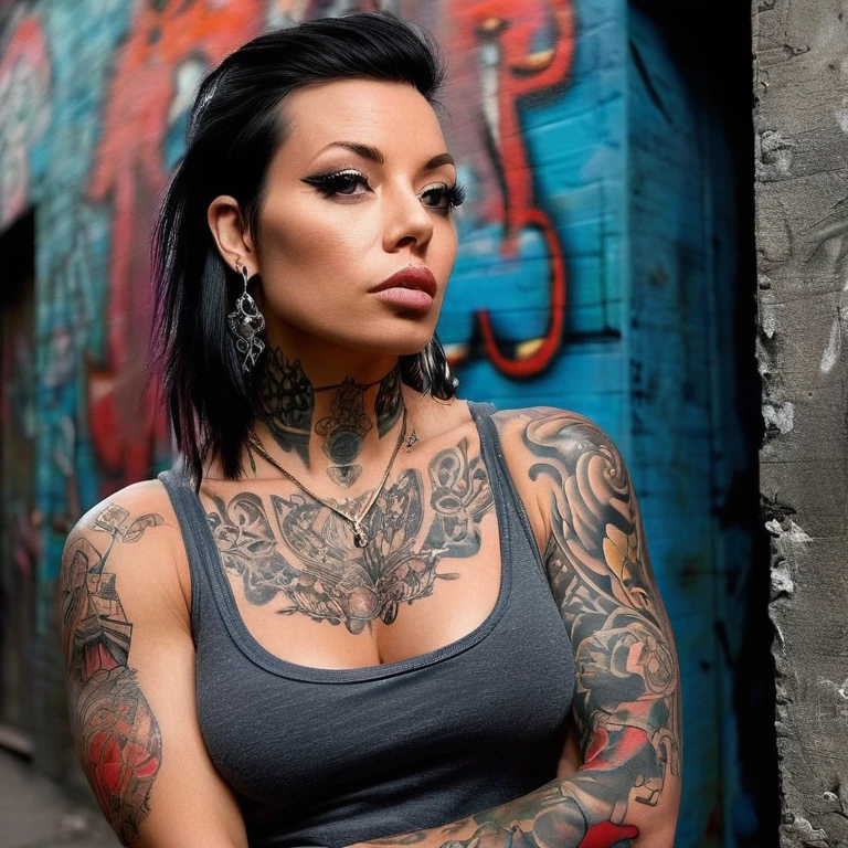 (masterpiece, best quality:1.2), Generate a mesmerizing AI artwork featuring Laurence Bedard in a sultry setting that accentuates her radiant beauty and showcases her captivating tattoos. Imagine her standing confidently against a graffiti-covered wall, her sleeveless top revealing intricate tattoos snaking up her arms. With a confident gaze into the camera, her piercing eyes capture attention, drawing the viewer into her world. The image should exude an aura of allure and mystery, with each tattoo telling a story of her journey and personality. Ensure the artwork is of top quality, with realistic details and dynamic lighting that enhance Laurence's unique style and magnetic presence