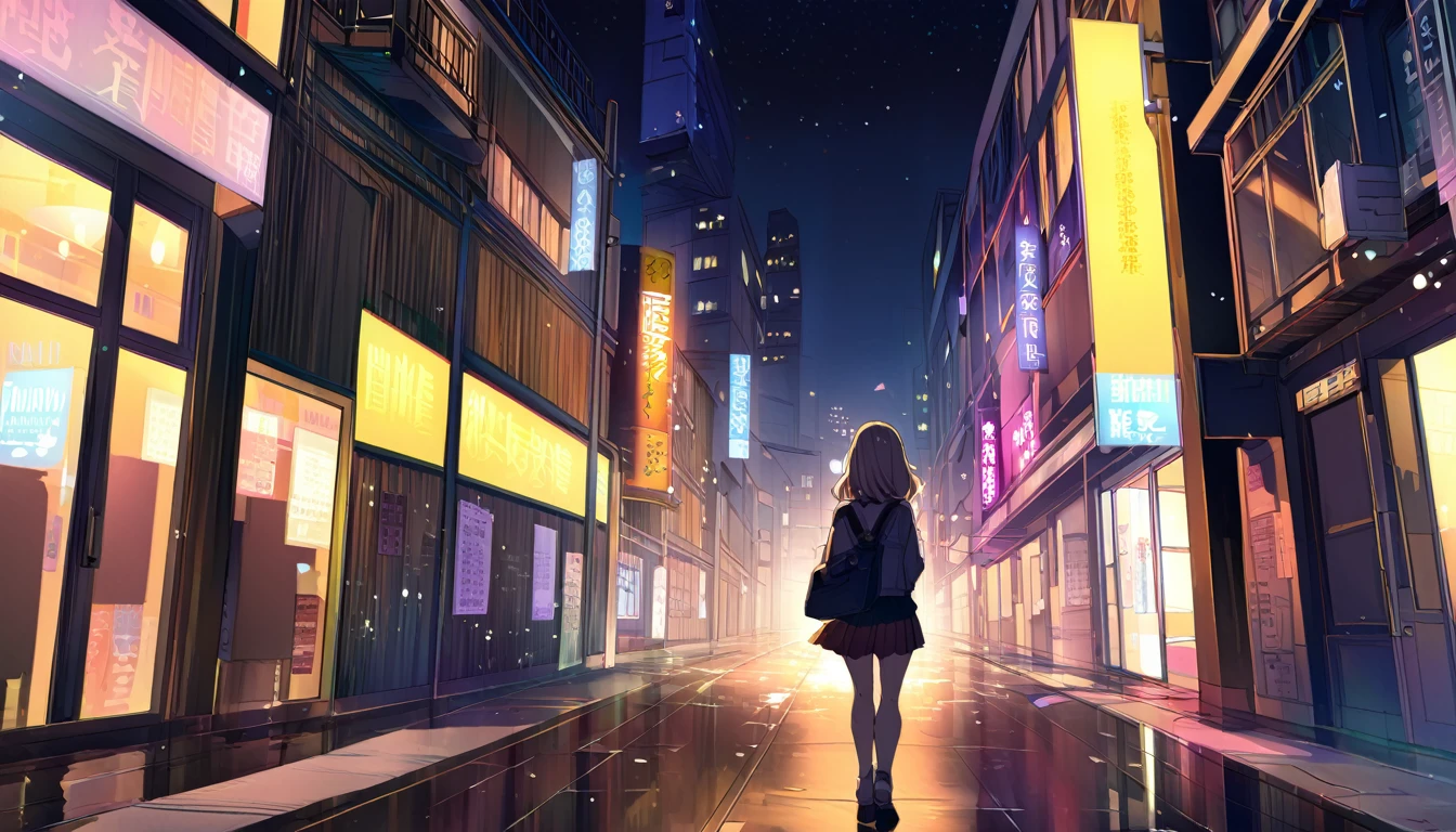 The back view of a female college student walking through the city at night in a light novel style