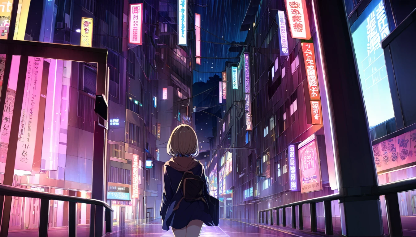 The back view of a female college student walking through the city at night in a light novel style