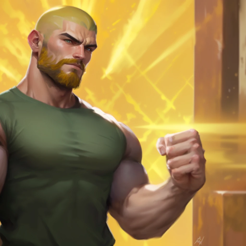 there is a man with a beard and a green shirt, super buff and cool, buff man, very buff, buff painting, inspired by Daryush Shokof, muscular male hero, muscular! cyberpunk, strong and imposing, inspired by Volkan Baga, barret frymire, gigachad muscular, bald male swashbuckler, muscular! fantasy