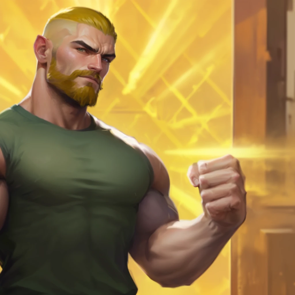 there is a man with a beard and a green shirt, super buff and cool, buff man, very buff, buff painting, inspired by Daryush Shokof, muscular male hero, muscular! cyberpunk, strong and imposing, inspired by Volkan Baga, barret frymire, gigachad muscular, bald male swashbuckler, muscular! fantasy