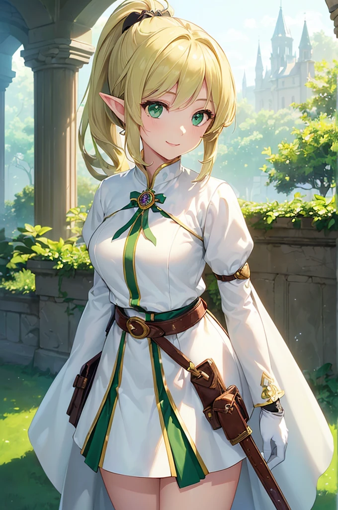 (((masterpiece; best quality: 1.2))), (finely detailed eyes: 1.3), (25 year old elf woman), (solo), (green eyes: 1.4), (body; lithe, fit, femenine: 1.3), (silky blonde hair + low ponytail: 1.3), (beautiful and clear background: 1.2), ((depth of field)), (equipment: adventurer attire + modest + long white tunic-coat + black longskirt + gloves + belt + pouches: 1.3), (anime illustration: 1.2), (background composition; royal garden: 1.1), (extremely fine and beautiful: 1.1), (shot composition; standing + centered on torso + close-up: 1.5), (expression; calm, smile: 1.2)