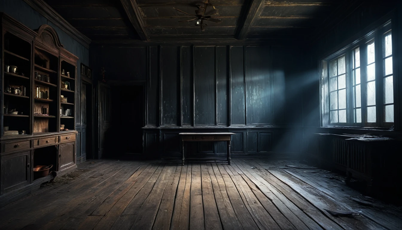 A small simple building interior, spooky atmosphere, dimly lit, cobwebs, peeling paint, old wooden floors, dusty shelves, antique furniture, eerie shadows, haunting presence, cinematic lighting, moody colors, horror vibes, atmospheric, (best quality,4k,8k,highres,masterpiece:1.2),ultra-detailed,(realistic,photorealistic,photo-realistic:1.37),HDR,UHD,studio lighting,extreme detail description,professional,vivid colors,horror,dark,moody