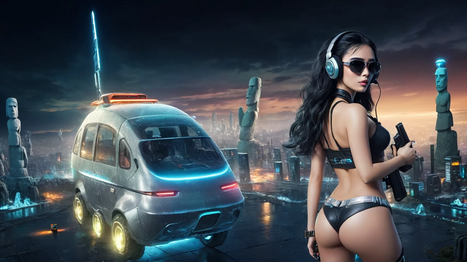 At night, dark sky, distant shot aerial view of fantasy cyberpunk style ice ((Moai-statue)) city, ((flying car)). ((1girl, solo, alone)), medium-breast:1.1 slim body, cleavage, sexy clothes, (headphone, black sunglasses, long black realistic hair), (((hip-up standing and holding pistol))), half-body thigh level medium shot, cinematic lighting.