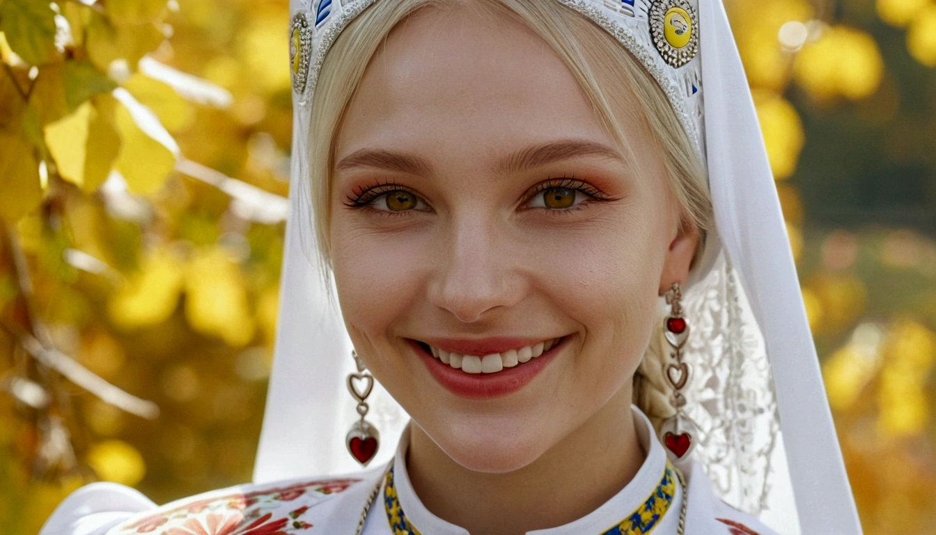 Close up of a smile, Ukrainian girl in white national costume with inscription "I love Ukraine", blonde, makeup, open neckline, autumn colors, sunny day, --ar 16:9