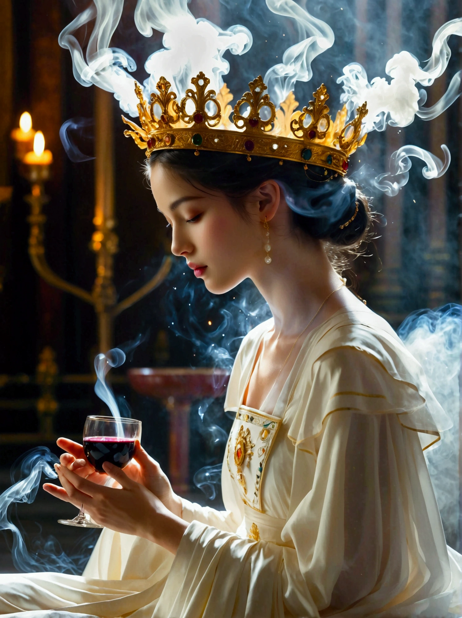 An effervescent woman, whose features represent a beautiful blend of multiple races, is seen seated on a throne in a fantastical city, reminiscent of descriptions of New Jerusalem. She radiates with an ethereal glow, embodying an essence of pure light. Her gown, a masterful design of purely white, is flowing and subtly merging into billows of white smoke that seems alive, evocative of the Holy Spirit, The same mystical smoke envelops her luminous crown. Amidst this divine spectacle, she is involved in the sacred act of communion, partaking dark red wine and holding bread in her hand.