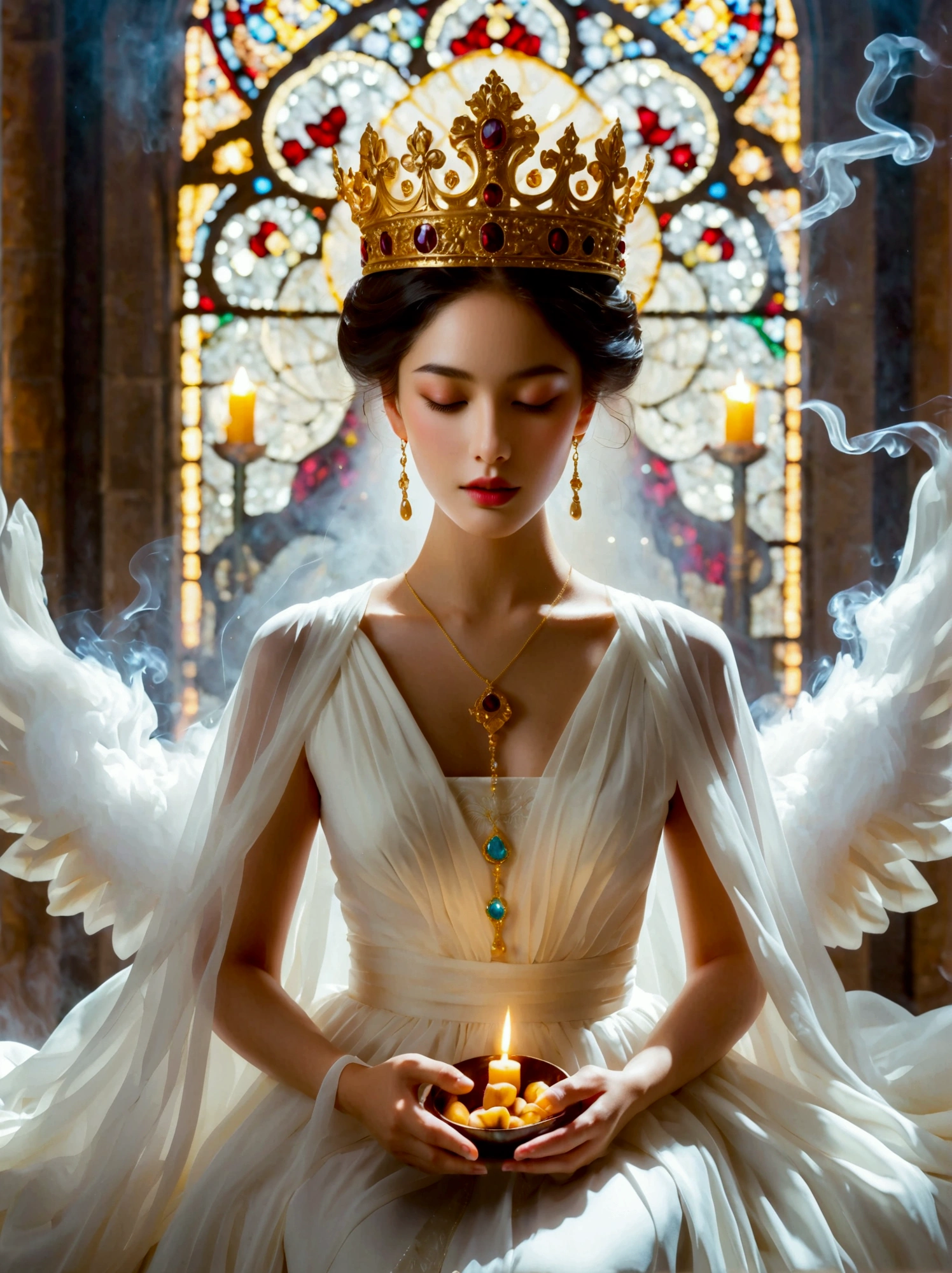 An effervescent woman, whose features represent a beautiful blend of multiple races, is seen seated on a throne in a fantastical city, reminiscent of descriptions of New Jerusalem. She radiates with an ethereal glow, embodying an essence of pure light. Her gown, a masterful design of purely white, is flowing and subtly merging into billows of white smoke that seems alive, evocative of the Holy Spirit, The same mystical smoke envelops her luminous crown. Amidst this divine spectacle, she is involved in the sacred act of communion, partaking dark red wine and holding bread in her hand.