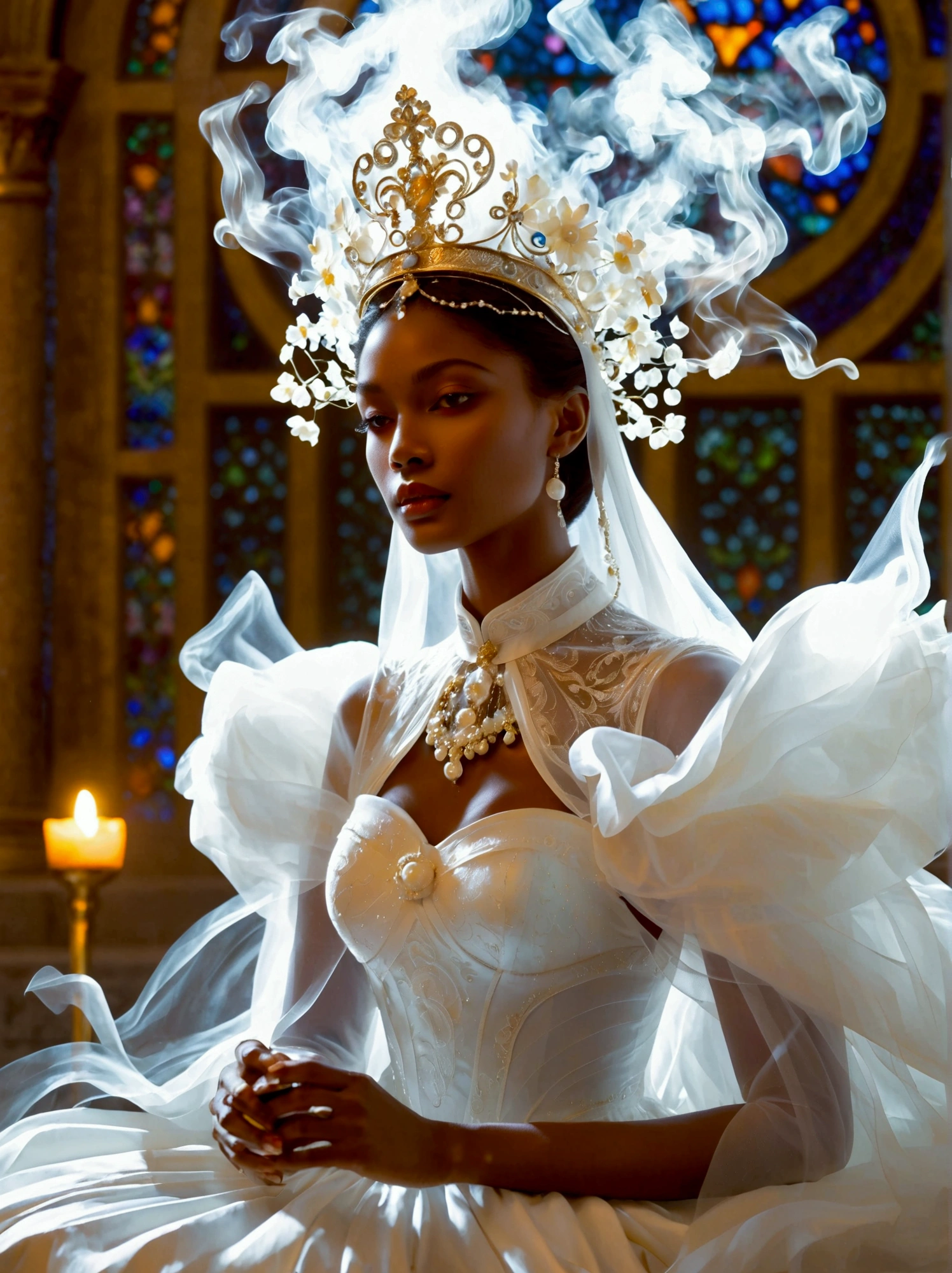 An effervescent woman, whose features represent a beautiful blend of multiple races, is seen seated on a throne in a fantastical city, reminiscent of descriptions of New Jerusalem. She radiates with an ethereal glow, embodying an essence of pure light. Her gown, a masterful design of purely white, is flowing and subtly merging into billows of white smoke that seems alive, evocative of the Holy Spirit, The same mystical smoke envelops her luminous crown. Amidst this divine spectacle, she is involved in the sacred act of communion, partaking dark red wine and holding bread in her hand.