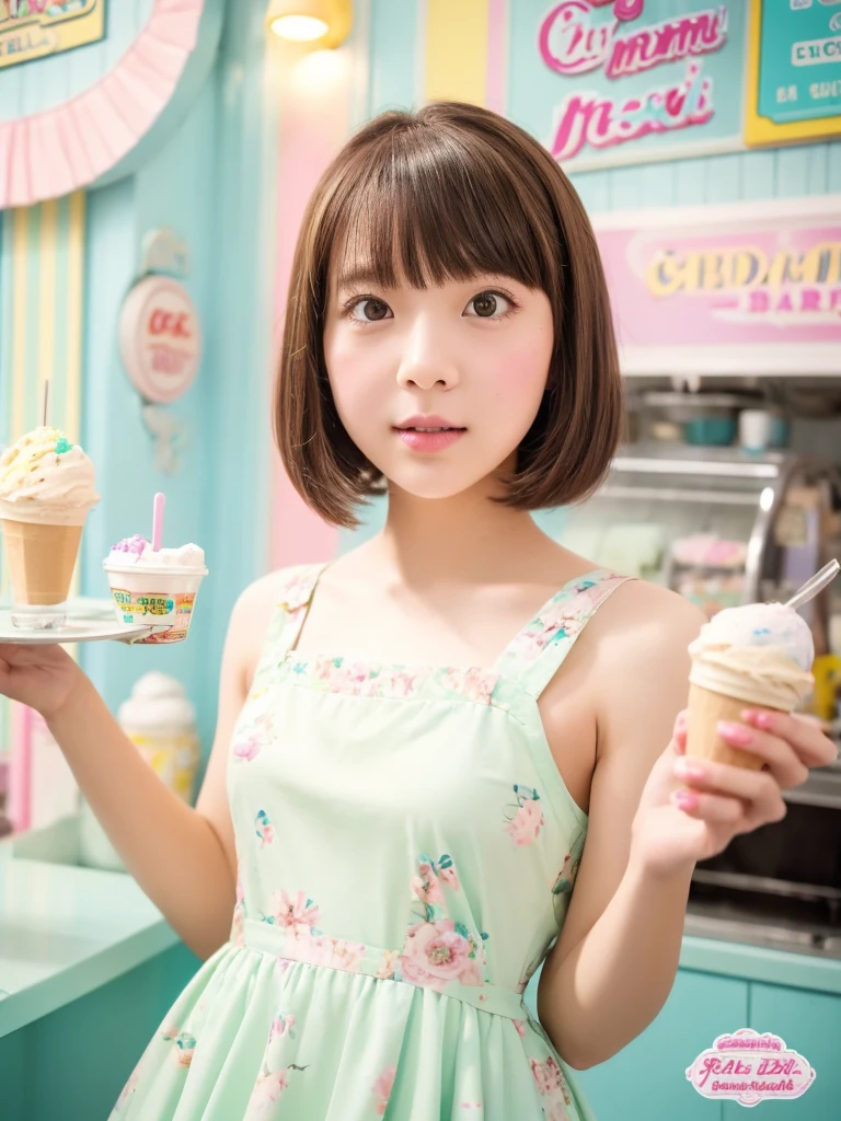 Portrait MagMix Girl look at camera, bob cut, short hair, flower dress, ice cream parlor with pastel-colored walls, a classic soda fountain counter, and ice cream posters, analog film photo, soft and dreamy lighting, pastel color palette, shallow depth of field, highly detailed, hyper-realistic, medium-format film camera,