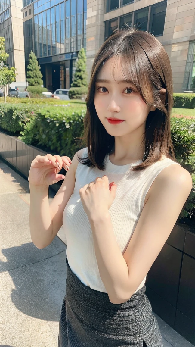 ((Highest quality,4K,High resolution,masterpiece:1.2)), 1 female, Big Breasts, Improve her overall look. (Brown hair short bob), ((Exquisite detail)), (((paw pose))), (Standing still with confidence), (Full-body showcase), (Show your whole body), (Sleeveless knit), (mini skirt), Scenery of the city.
