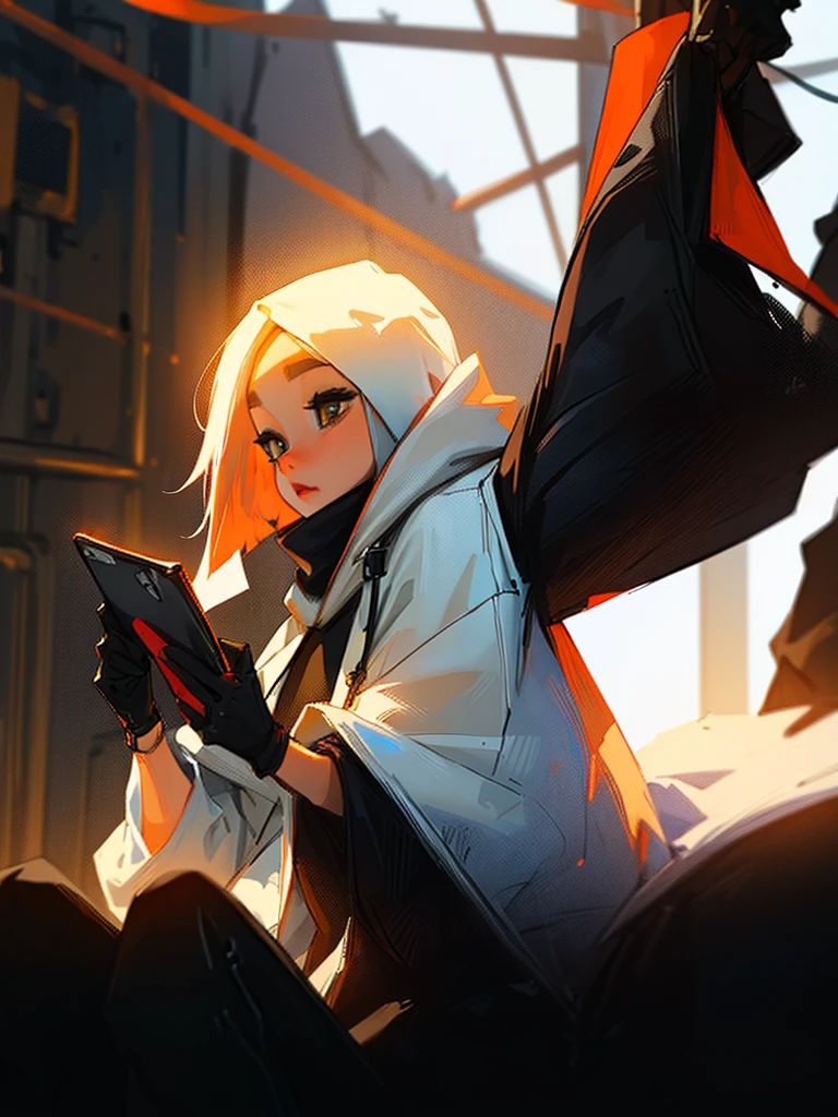 (((onli one woman))) girl with short red Bob style hair, white skin, light brown eyes, (((black gloves))), (((black hoodie))), black pants with straps (((Girl using smartphone))) background room