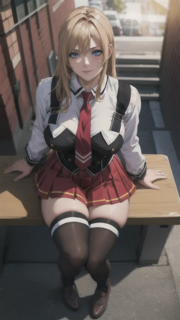((masterpiece, best quality)), insaneres, absurdres, solo, outdoors,
CLOTHING_BibleBlack_SchoolDress_ownwaifu,
1girl, blonde hair, long hair, blue eyes,
black vest, red skirt, white shirt, collared shirt, suspenders, , black thighhighs, zettai ryouiki, necktie, long sleeves, pleated skirt, red necktie,
(from above, sitting)lens flare, depth of field, bokeh, embers, vanishing point, looking at viewer,