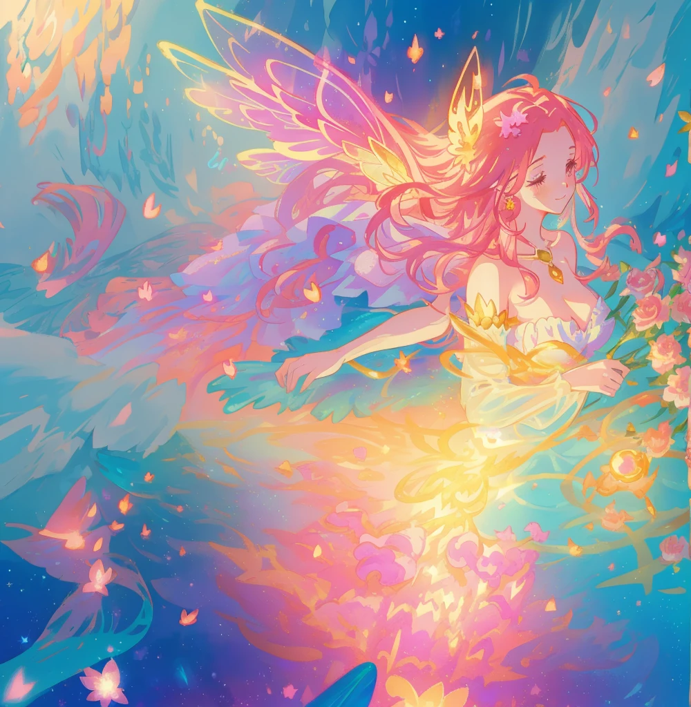 beautiful fairy girl in a sparkling layered dress, long flowing pink peach red hair, (large sparkling colorful fairy wings on her back), colorful fantasia background, flowers meadow, watercolor illustration, disney art style, glowing aura around her, glowing lights, beautiful digital illustration, fantasia otherworldly landscape plants flowers, beautiful, masterpiece, best quality, anime disney style, beautiful face, golden ratio