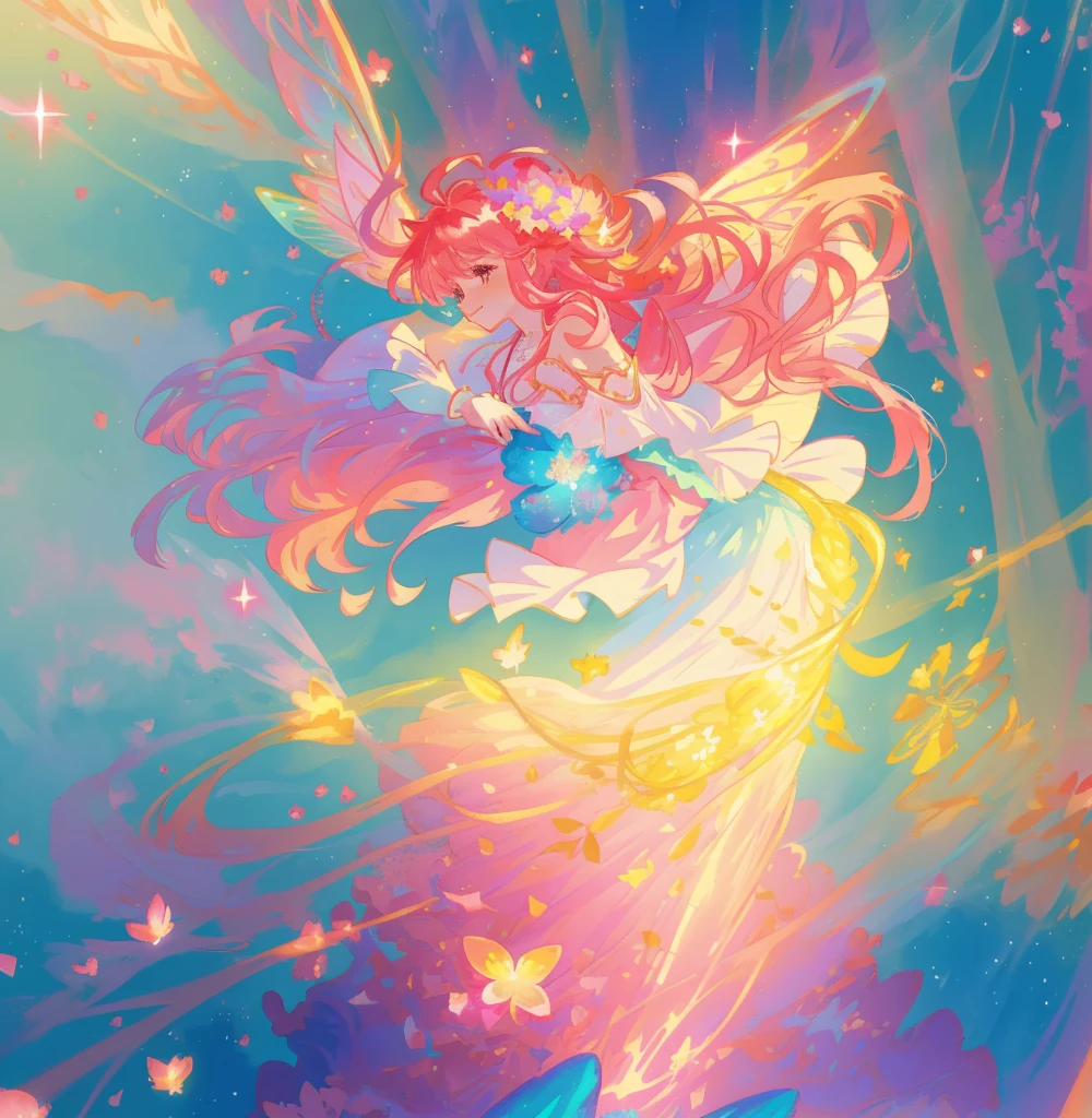 beautiful fairy girl in a sparkling layered dress, long flowing pink peach red hair, (large sparkling colorful fairy wings on her back), colorful fantasia background, flowers meadow, watercolor illustration, disney art style, glowing aura around her, glowing lights, beautiful digital illustration, fantasia otherworldly landscape plants flowers, beautiful, masterpiece, best quality, anime disney style, beautiful face, golden ratio