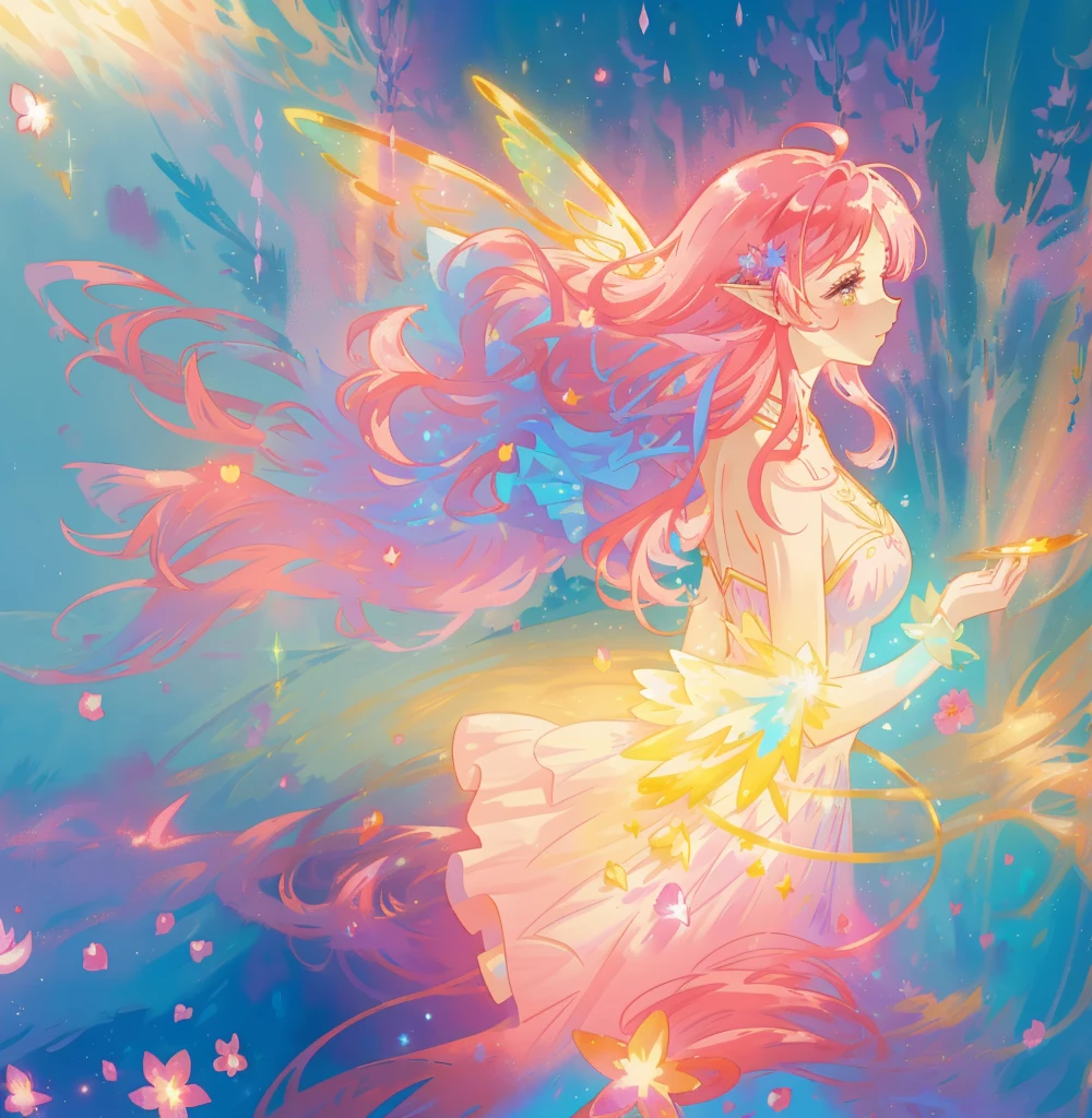 beautiful fairy girl in a sparkling layered dress, long flowing pink peach red hair, (large sparkling colorful fairy wings on her back), colorful fantasia background, flowers meadow, watercolor illustration, disney art style, glowing aura around her, glowing lights, beautiful digital illustration, fantasia otherworldly landscape plants flowers, beautiful, masterpiece, best quality, anime disney style, beautiful face, golden ratio