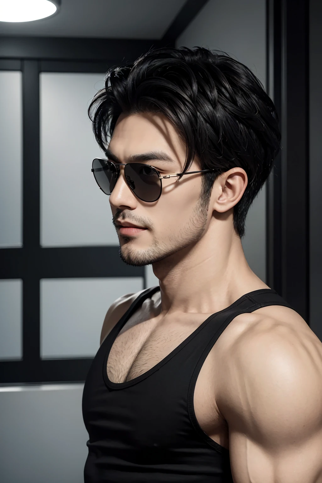 Ultra wide angle，-(men)), (front view), (half body view), (Handsome muscular man in his 30s wearing black pilot sunglasses, and luxury black singlet), Full chest muscles，zi wang (Prince chiu), Mischievous smile, (detail: 1 in 1), Natural muscles, HIG quality, beautiful eyes, (Detailed face and eyes), (Face、: 1 / 2), fresh lips, Noise, Real Photographics, ... ...................................................................................................PSD, Sharp Focus, High resolution (8K), realistic & Professional Photography, 8K UHD, Soft lighting, High quality, Film grain, fujifilmxt3