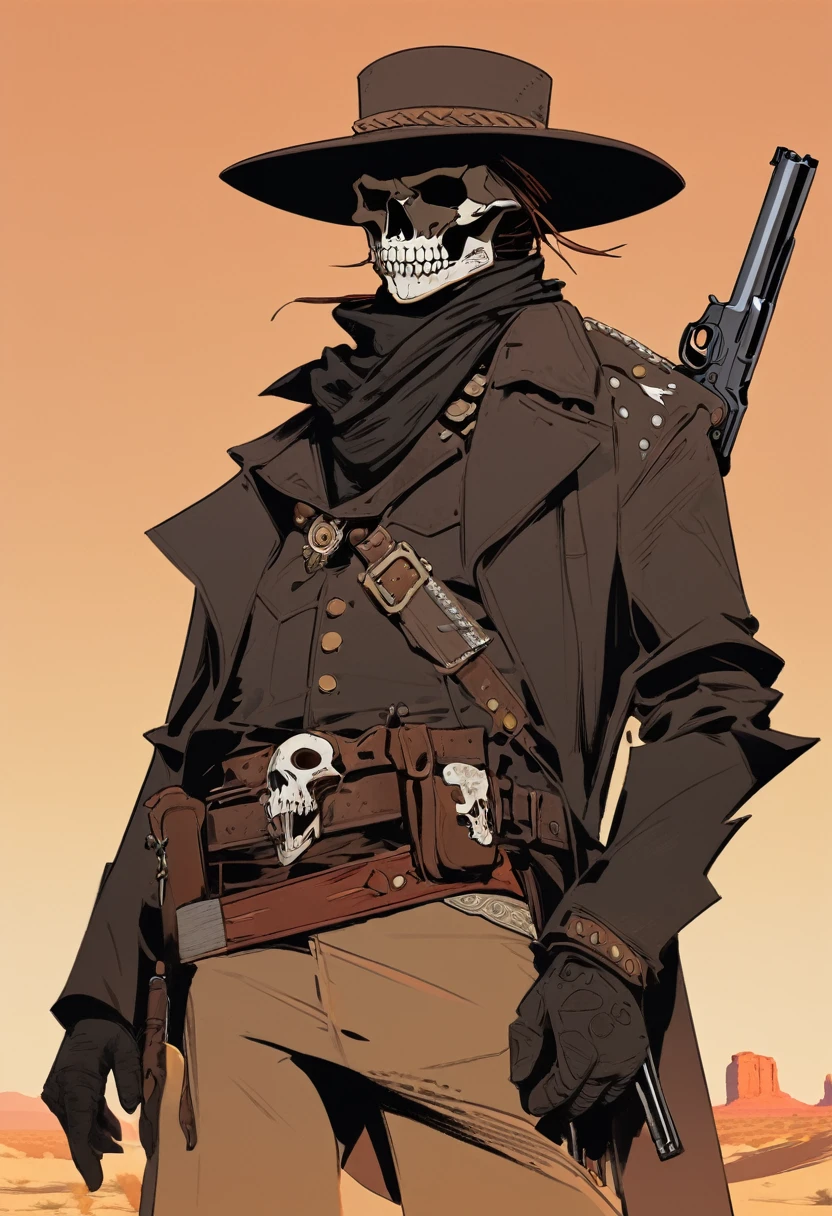 score_9, score_8_up, score_7_up, score_6_up, score_5_up, score_4_up, 1man, Western, Desert, red sun, scorching sun, arid, Horizon, far away, Wild West, red dead Redemption, cartoon art style, Holstered pistol, ready to draw, black hat, black overcoat, dark, skull, Bandit, old west town 