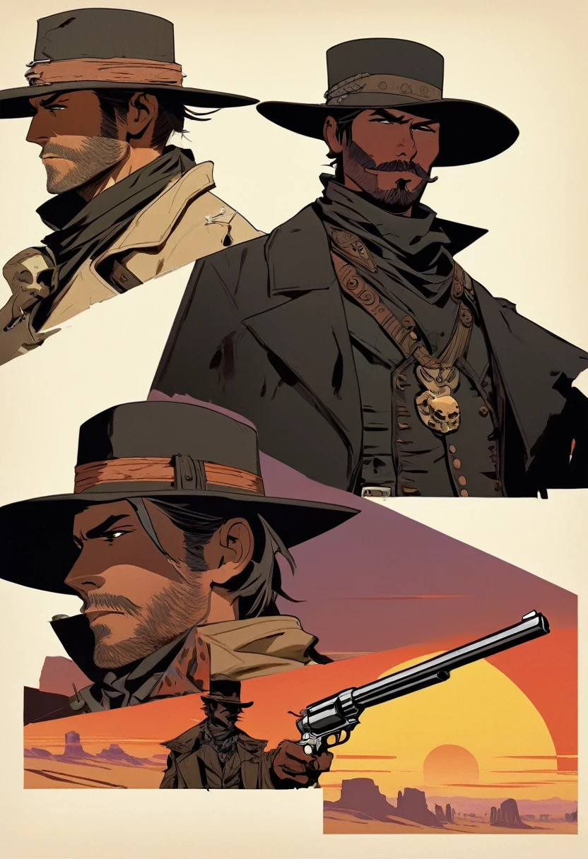 score_9, score_8_up, score_7_up, score_6_up, score_5_up, score_4_up, 1man, Western, Desert, red sun, scorching sun, arid, Horizon, far away, Wild West, red dead Redemption, cartoon art style, Holstered pistol, ready to draw, black hat, black overcoat, dark, skull, Bandit, old west town 