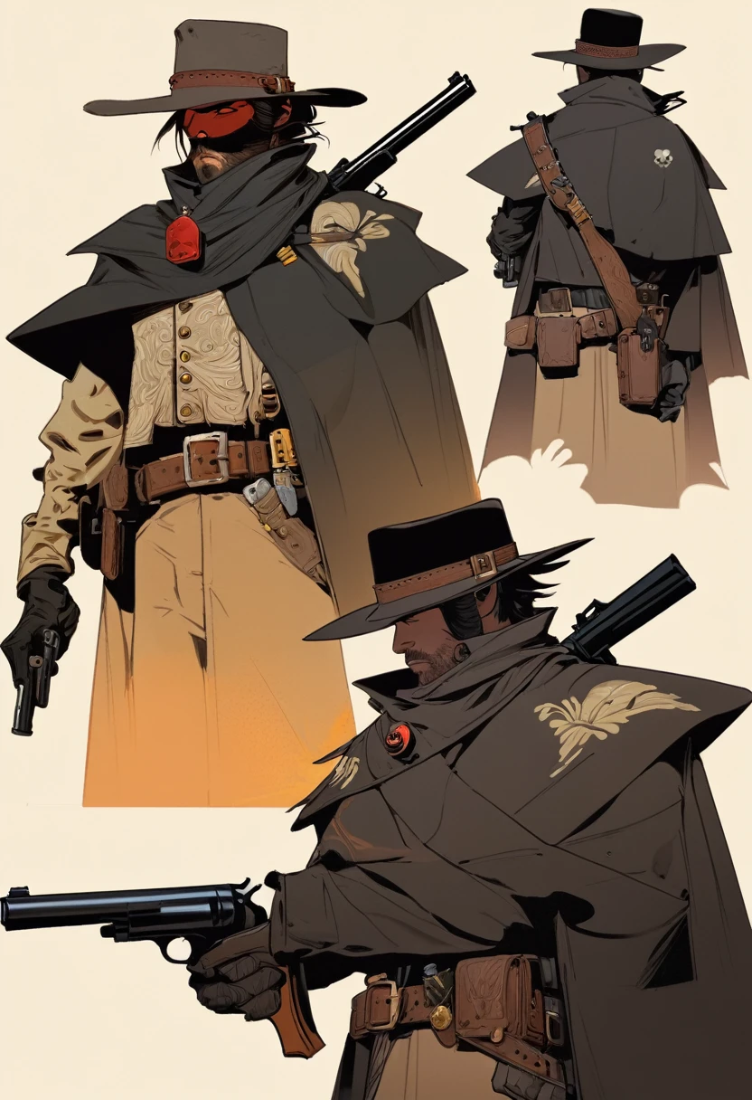 score_9, score_8_up, score_7_up, score_6_up, score_5_up, score_4_up, 1man, Western, Desert, red sun, scorching sun, arid, Horizon, far away, Wild West, red dead Redemption, cartoon art style, Holstered pistol, ready to draw, black hat, black overcoat, dark, skull, Bandit, old west town