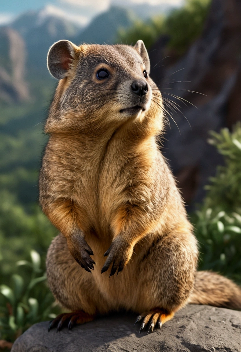 anthro (hyrax), (detailed fluffy fur, detailed fur texture:1.2), adult, male, solo, muscular, veiny muscles, bulge, us military uniform:1, tail, detailed background, wilderness background, photorealistic, hyper realistic, ultra detailed,