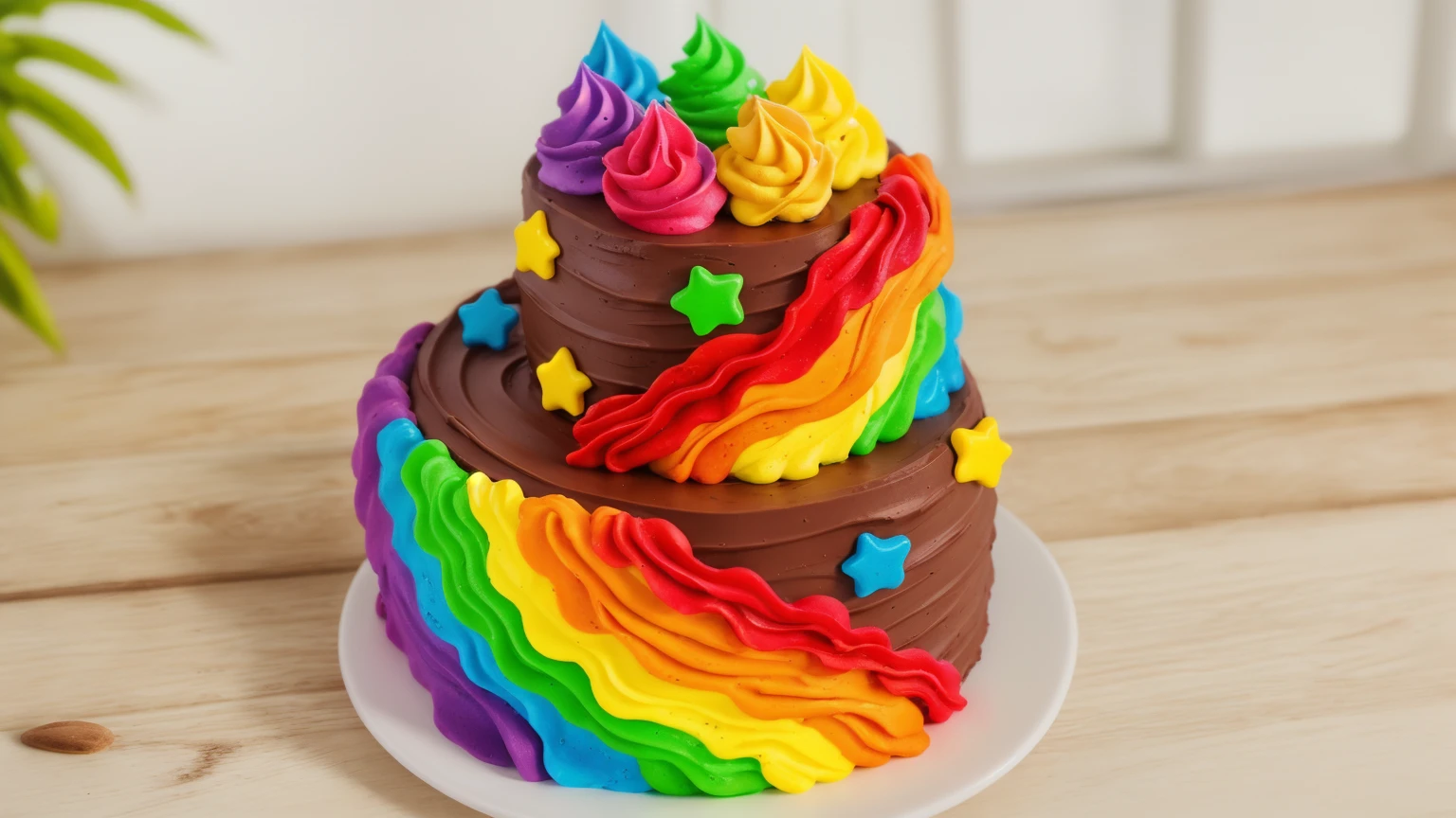 on a wooden table. there is a white plate. double tier chocolate cake ((chocolate cream texture, strokes of a pastry spatula)), rainbow cream in stitches, decorated with rainbow stars made of polymer clay, multi-colored cream on top ((cream highlights)), Beautiful light from the window, contour light, Multiple light sources, beautiful lighting, Bright light source, bright lighting, beautiful light sources, Multiple light sources, Realistic style , realistic texture, detailed texture, A high resolution, high quality, macro photography