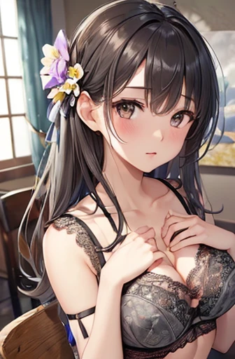 ((Highest quality)),(超High resolution),(Very detailed),(Detailed Description),((The best CG)),(A masterpiece),Ultra-detailed art,Amazing painting art,(Art with precise details:1.5), Portraiture:1.6,Bust Shot:1.4,(1 female:1.5),Beautiful and well-proportioned face:1.5,(Grey lace bra with flowers on the chest:1.5)、Grey lace panties, Japanese、girl,thin、Small face、Brown eyes、expensive、 High resolution,Black Hair、Long Hair、classroom、17 years old、Sitting at a desk、mature、Large Breasts