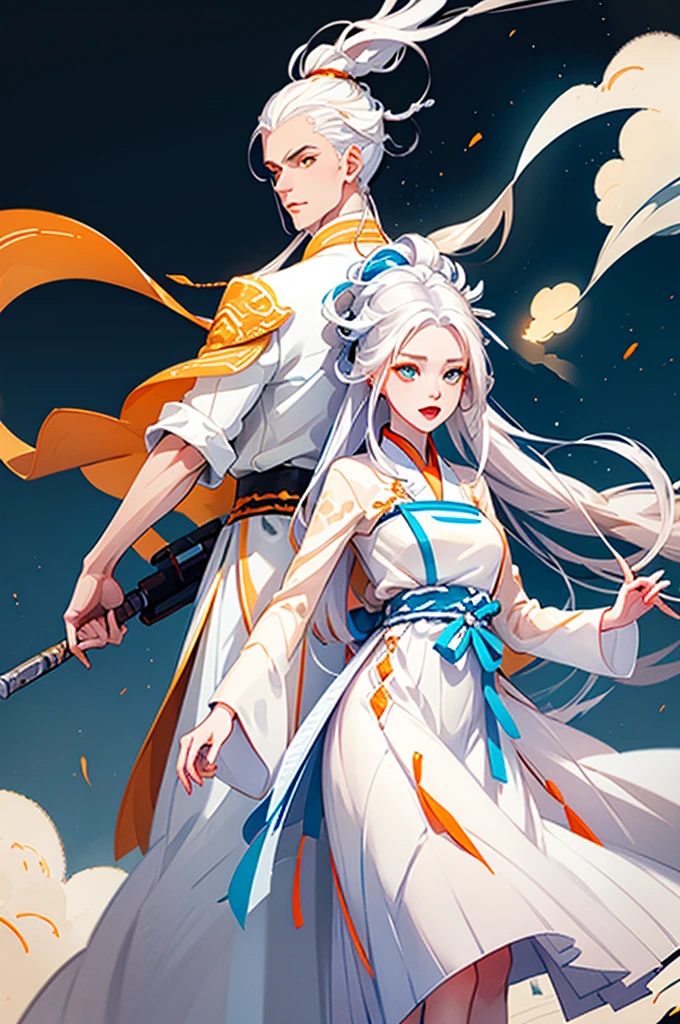 high quality , one white hair girl and one white hair boy, long hair, wuxia character, ((white clothes with blue and orange accent)), ink painting background, flat background, minimalist background, wind pattern background, smiling, standing back to back, white background, cinematic lingting, open mouth, bust shot