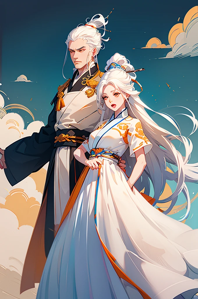 high quality , one white hair girl and one white hair boy, long hair, wuxia character, ((white clothes with blue and orange accent)), ink painting background, flat background, minimalist background, wind pattern background, smiling, standing back to back, white background, cinematic lingting, open mouth, bust shot