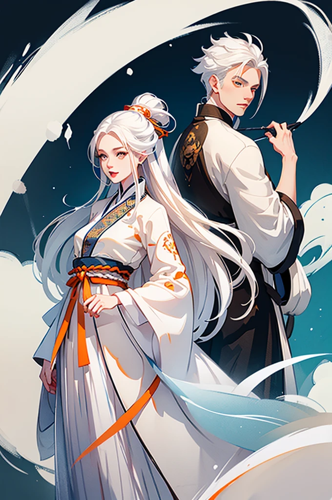 high quality , one white hair girl and one white hair boy, long hair, wuxia character, ((white clothes with blue and orange accent)), ink painting background, flat background, minimalist background, wind pattern background, smiling, standing back to back, white background, cinematic lingting, open mouth, bust shot