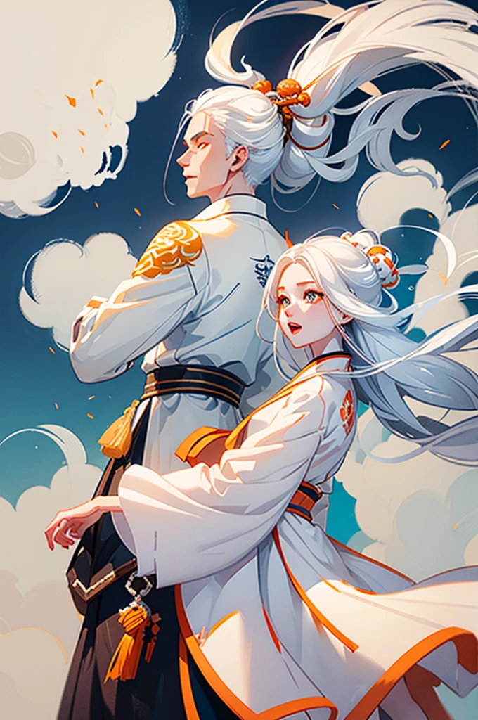 high quality , one white hair girl and one white hair boy, long hair, wuxia character, ((white clothes with blue and orange accent)), ink painting background, flat background, minimalist background, wind pattern background, smiling, standing back to back, white background, cinematic lingting, open mouth, bust shot