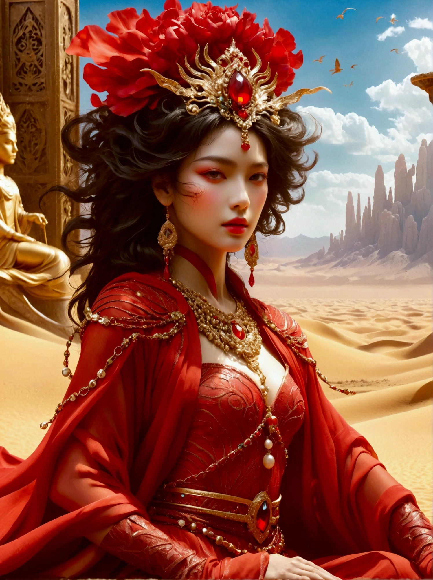 A mysterious desert princess dressed in bright red rules a dystopian desert kingdom，This ruthless figure sat on a huge throne in the hall.，Surrounded by her powerful image and numerous kneeling, smaller figures，They devoutly regarded her as a divine ruler.