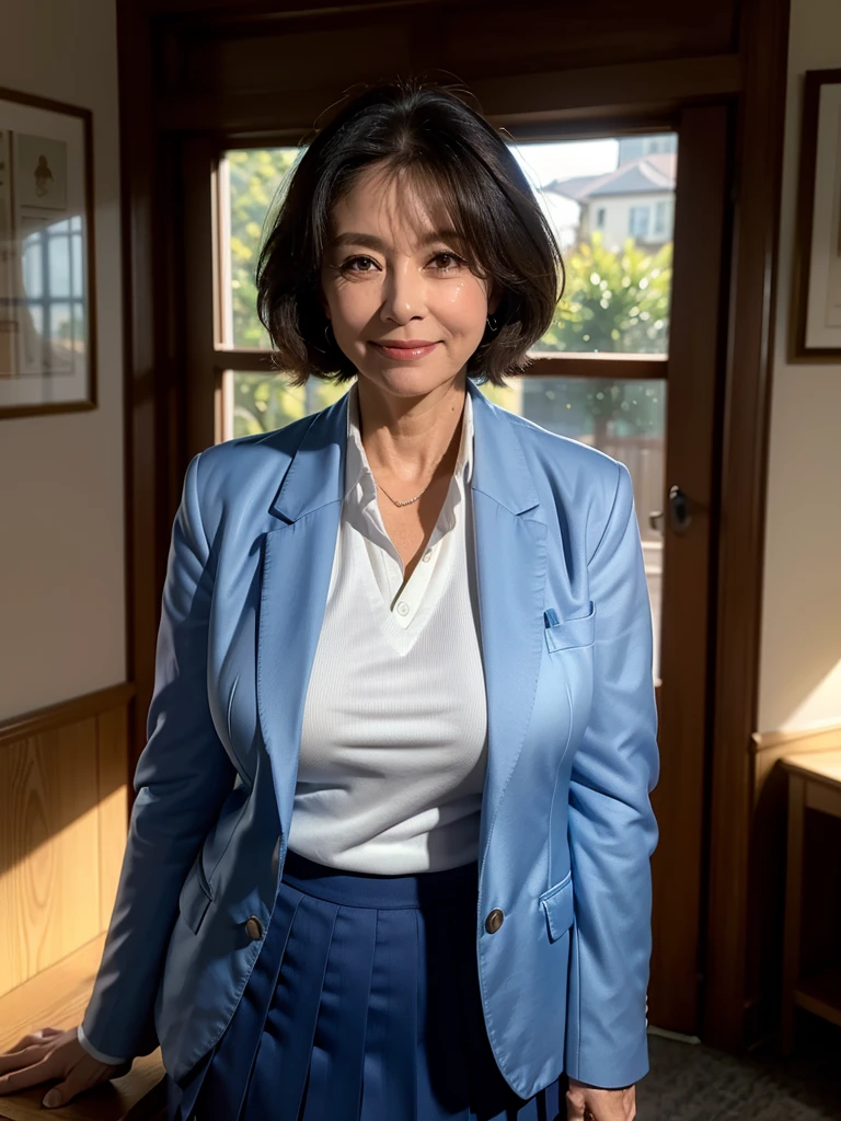 (masterpiece:1.4),(60-year-old woman:1.5),(Facial wrinkles : 1.2), (Medium Hair), (sly smile : 1.2), beautiful Mature Woman, (stylish school uniform blazer open front : 1.1), deep-blue blazer, (long sleeve white blouse : 1), (mid-length pleated skirt with delicate fabric : 1), Acne, Skin blemishes, fleckled skin, (Muscular arms : 1.2), (plump thighs : 1.1), Wide Hips, in the evening, twilight time, warm lighting, indoor gym, school uniform