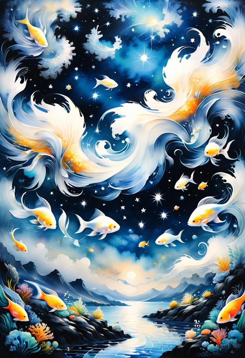 Black and white minimalism,Undersea landscape,Lots of small fish,detailed pattern,Lovely,charming,masterpiece,detailed,Rendering,Oil paints,watercolor,general brushStrokes,Stroke,masterpiece,最高masterpiece,Beautiful starry sky