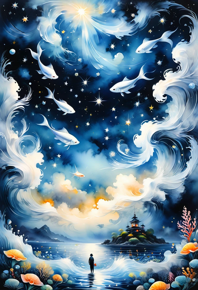 Black and white minimalism,Undersea landscape,Lots of small fish,detailed pattern,Lovely,charming,masterpiece,detailed,Rendering,Oil paints,watercolor,general brushStrokes,Stroke,masterpiece,最高masterpiece,Beautiful starry sky