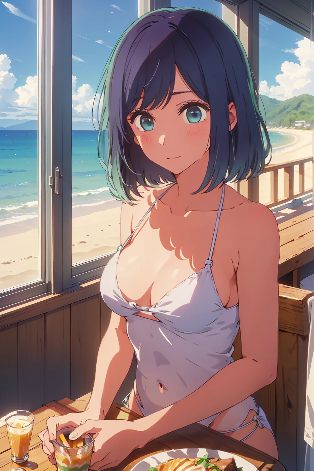 (Highest quality:1.4、masterpiece:1.4、Super detailed:1.4、8K:1.4)、((((1 person、Surprised expression、sit、Indoor cafe terrace、coastal、juice、table、Sandy Beach、juiceのグラスを持つ、Micro Bikini、Very soft boobs、Big eyes、Very cute face))))、(dramatic lighting:1.4)、F cup bust、Medium breast、Underboob