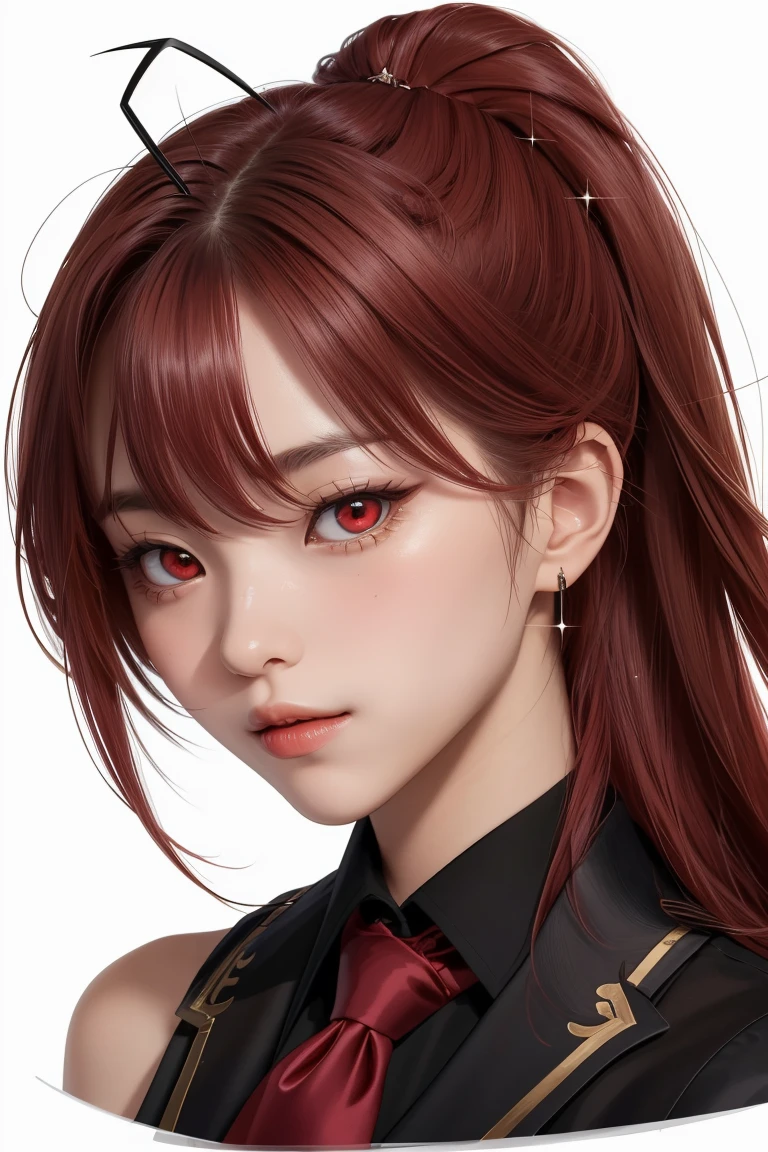 masterpiece, best quality, diluc (genshin impact), 1girl, female focus, red hair, red eyes, long hair, solo, simple background, white background, hair between eyes, bangs, closed mouth, ponytail, sparkle, looking at viewer, antenna hair, cropped shoulders, shirt, jacket, portrait, black shirt, necktie, collared shirt