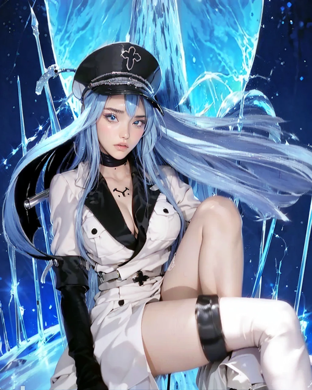 ( AKAME GA KILL_ESDEATH),((realistic, photorealistic)),(highlight hair)), Light reflection, (( HD )),((upper body)), (((best quality, masterpiece))), (masterpiece) (best quality) (detail) (8k) (HDR) (wallpaper) (cinematic lighting) (sharp focuasterpiece, best quality: 1.1), Real life adaption of this character, realistic outfit, realistic shadow, realistic light, realism, hyper realistic, realistic background,realistic hair,(photorealistic:1.2), 1girl, Ice night background, sitting on ice crystals, ice sword sword, floating blue hair, smooth thighs,glow effect,