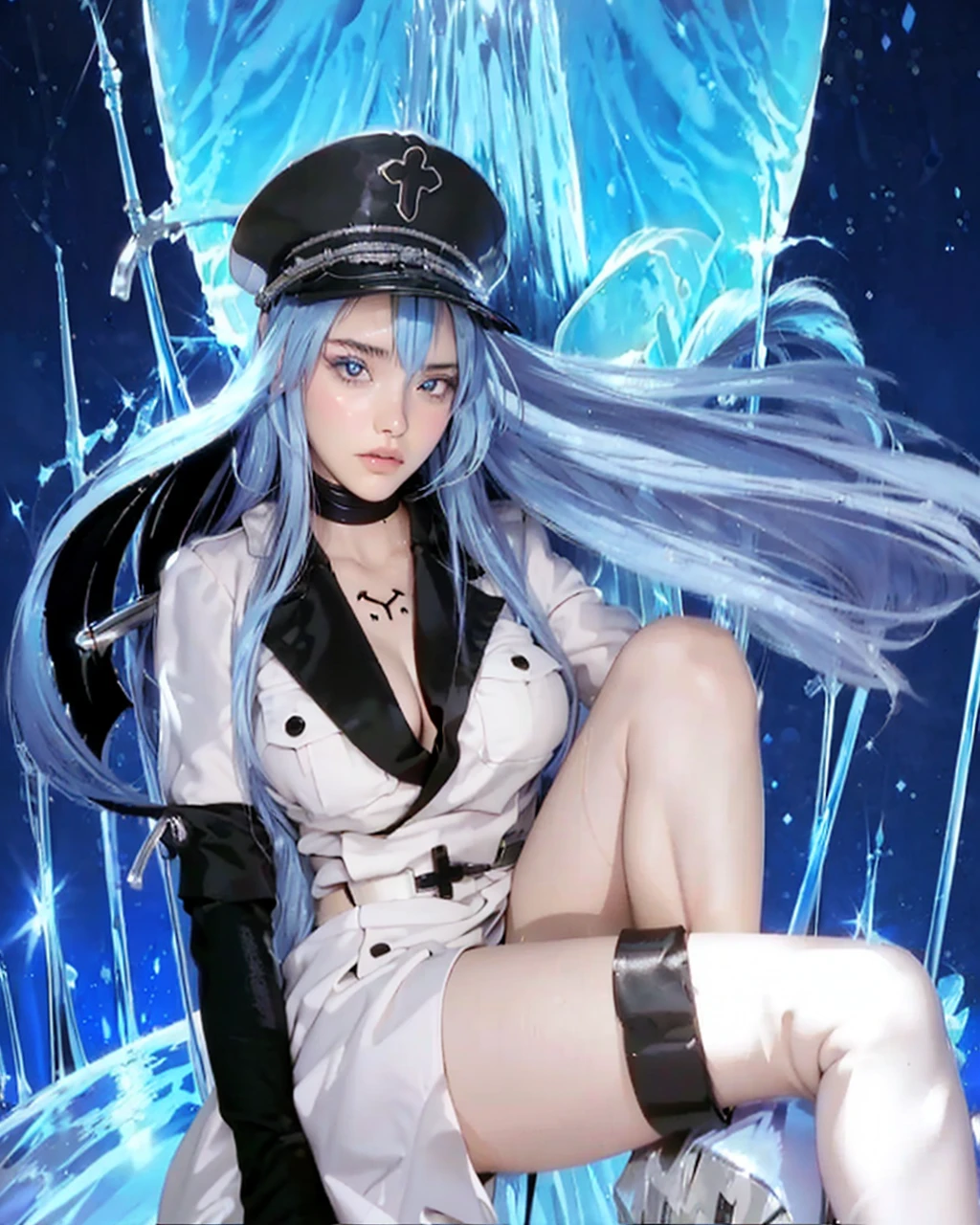 ( AKAME GA KILL_ESDEATH),((realistic, photorealistic)),(highlight hair)), Light reflection, (( HD )),((upper body)), (((best quality, masterpiece))), (masterpiece) (best quality) (detail) (8k) (HDR) (wallpaper) (cinematic lighting) (sharp focuasterpiece, best quality: 1.1), Real life adaption of this character, realistic outfit, realistic shadow, realistic light, realism, hyper realistic, realistic background,realistic hair,(photorealistic:1.2), 1girl, Ice night background, sitting on ice crystals, ice sword sword, floating blue hair, smooth thighs,glow effect,