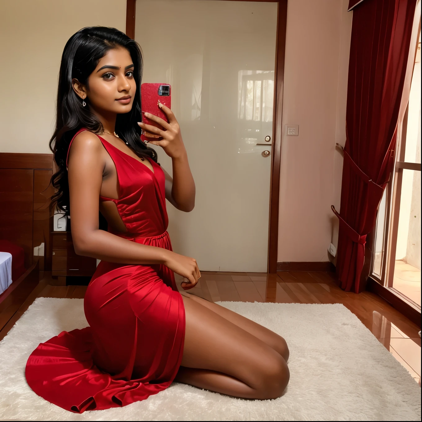 23 year old kerala girl looking fare skin and wearing a red gown up to half of leg. Back ground is a bedroom . Pic look like a selfi mode