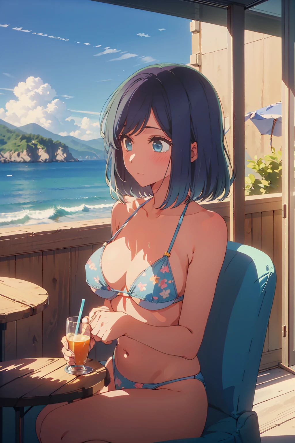 (Highest quality:1.4、masterpiece:1.4、Super detailed:1.4、8K:1.4)、((((1 person、Surprised expression、sit、Outdoor café terrace、coastal、juice、table、Sandy Beach、juiceのグラスを持つ、Micro Bikini、Very soft boobs、Big eyes、Very cute face))))、(dramatic lighting:1.4)、F cup bust、Medium breast、Underboob、Sideboob