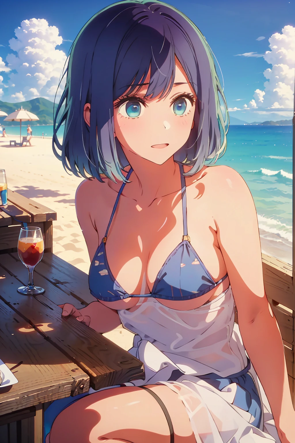 (Highest quality:1.4、masterpiece:1.4、Super detailed:1.4、8K:1.4)、((((1 person、Surprised expression、sit、Outdoor café terrace、coastal、juice、table、Sandy Beach、juiceのグラスを持つ、Micro Bikini、Very soft boobs、Big eyes、Very cute face))))、(dramatic lighting:1.4)、F cup bust、Medium breast、Underboob、Sideboob